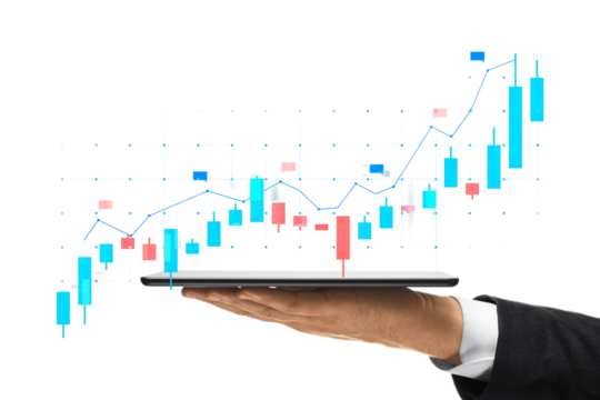 Hand holding a tablet showing a colorful stock market chart on a white background, representing financial analysis