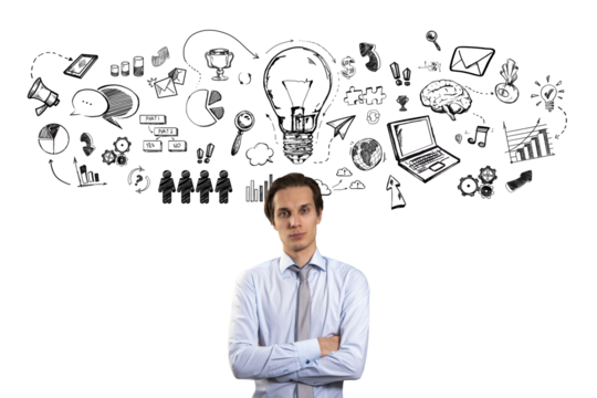 A man in a business shirt with his arms crossed, creative doodles surrounding him, on a white background, concept of brainstorming and ideas