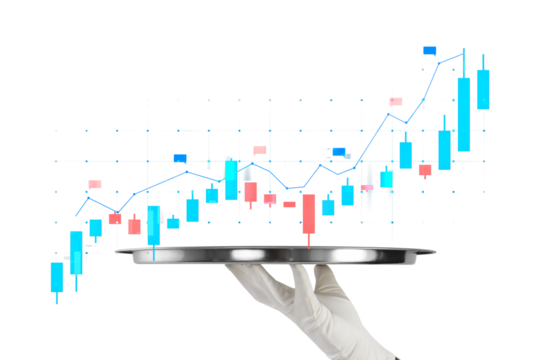 A hand in a white glove holding a silver platter with a stock market graph, isolated on a white background, concept of financial analysis - Powered by Adobe