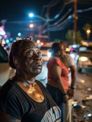 Obraz premium A woman looks on in shock and disbelief as her neighborhood is destroyed by a tornado. AI.