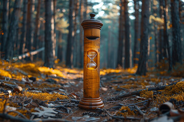 old generation hourglass in forest with green background generated by AI