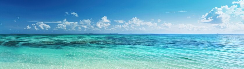 Fototapeta premium Breathtaking panoramic view of a tropical beach with crystal clear ocean water and a bright blue sky