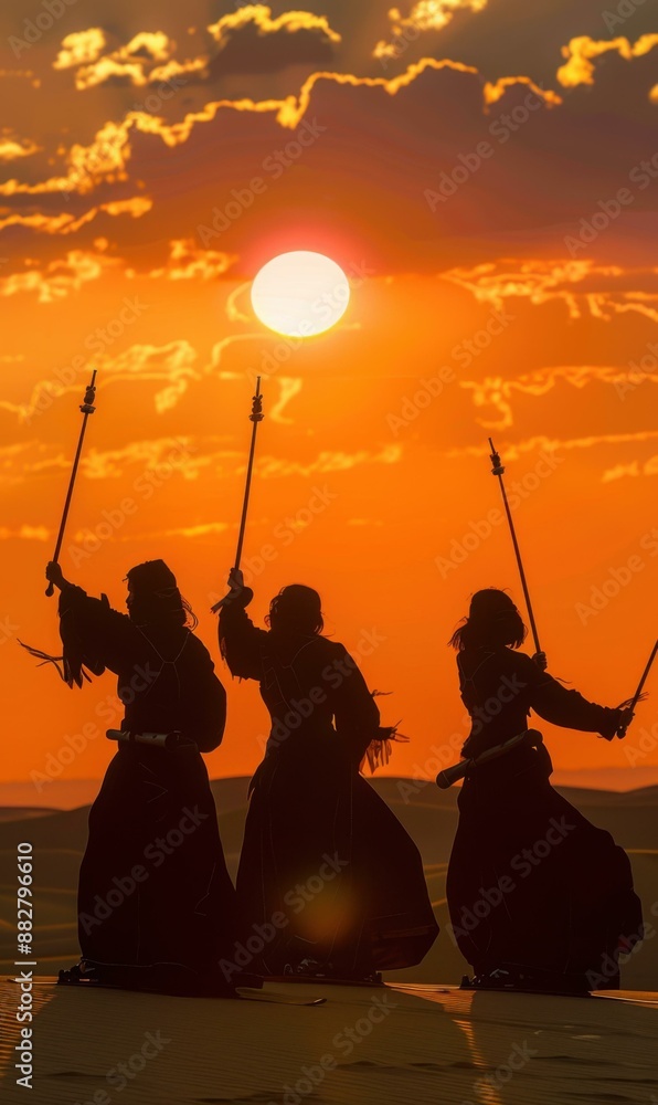 Wall mural Three women in traditional clothing dancing in the desert at sunset. AI.