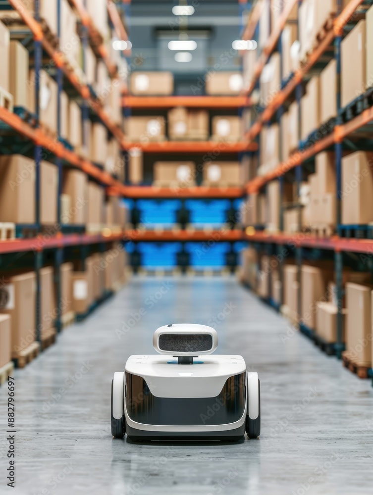 Poster autonomous delivery robots in warehouse, logistics and freight, future of package delivery with copy