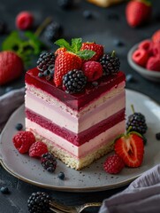 A delicious  cake with layers of cream and fresh berries. AI.