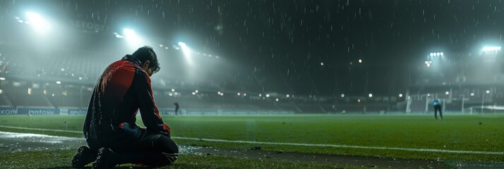A soccer player kneels on the field in the rain. AI.