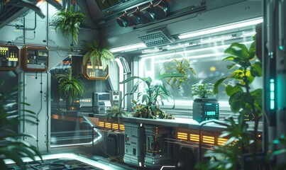 Futuristic indoor garden with plants and technology. AI.