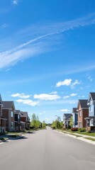 Obraz premium A wide, tree-lined suburban street with large, two-story townhomes on either side. AI.