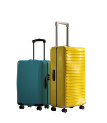 Two suitcases, one teal and one yellow, isolated on white, travel concept. 3D Rendering