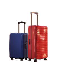 Two suitcases, one red and one blue, isolated on white background, representing travel concept. 3D Rendering