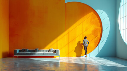 A man stands contemplating in a minimalist room with a giant, heart-shaped yellow partition casting dramatic shadows, symbolizing introspection and decision-making