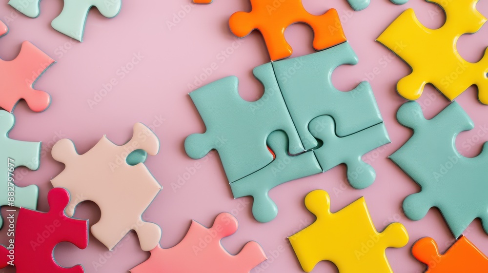 Poster collaboration concept with connected puzzle pieces, icon fitting together, copy space, deep depth of