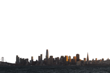 Silhouette of San Francisco skyline at dusk with sunlit buildings, against a clear sky background, concept of cityscapes