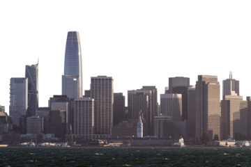 A skyline view of a city with skyscrapers over a body of water during the daytime