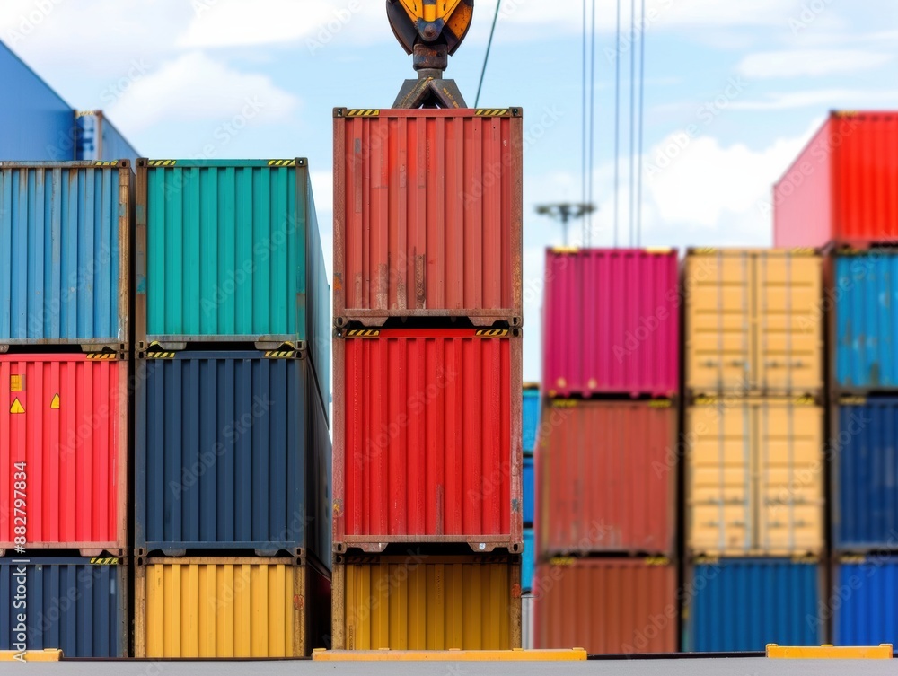 Poster loading container onto truck with crane, logistics focus, copy space, deep depth of field, object co