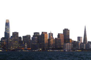 A photograph capturing the skyline of San Francisco at twilight, featuring the city's illuminated buildings and landmarks against a dusky sky