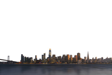 San Francisco skyline during dusk on a clear background, showcasing the city's illuminated buildings as a design element