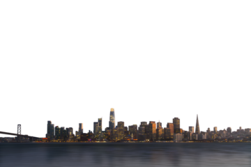 San Francisco skyline during dusk on a clear background, showcasing the city's illuminated buildings as a design element