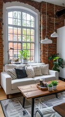 A stylish living room with a grey sofa, black brick wall, and floor lamp