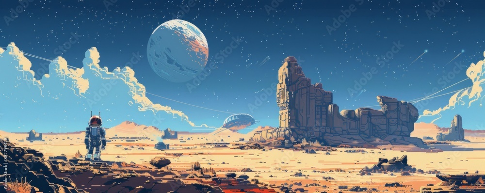 Poster a pixel art rendition of a retro-futuristic robot exploring a desolate planet, its pixelated form co