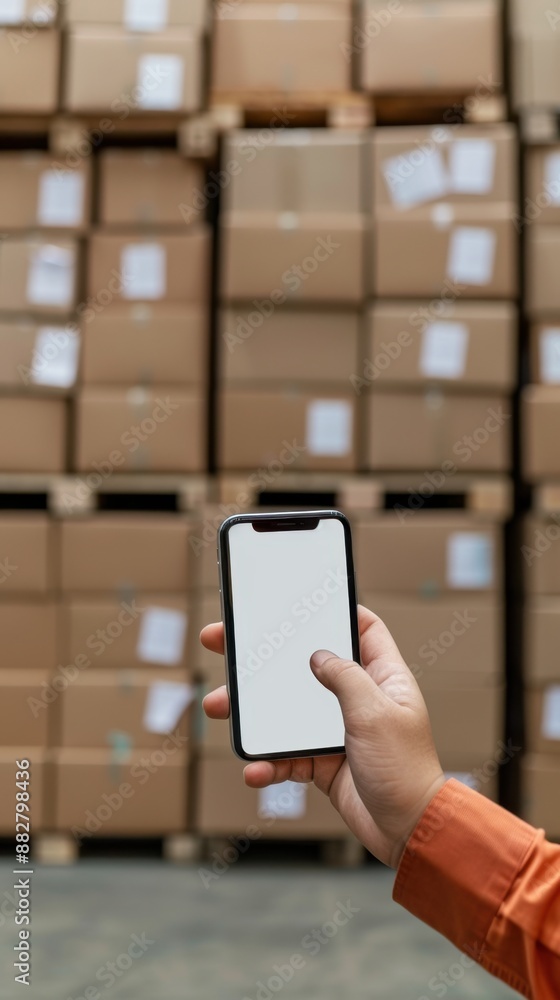 Poster customer checking delivery status on mobile app with copy space, focus on delivery packages, real-ti