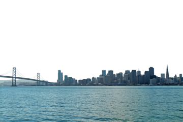 Skyline of a city with recognizable landmarks, shot across a body of water under bright lighting, on a clear day