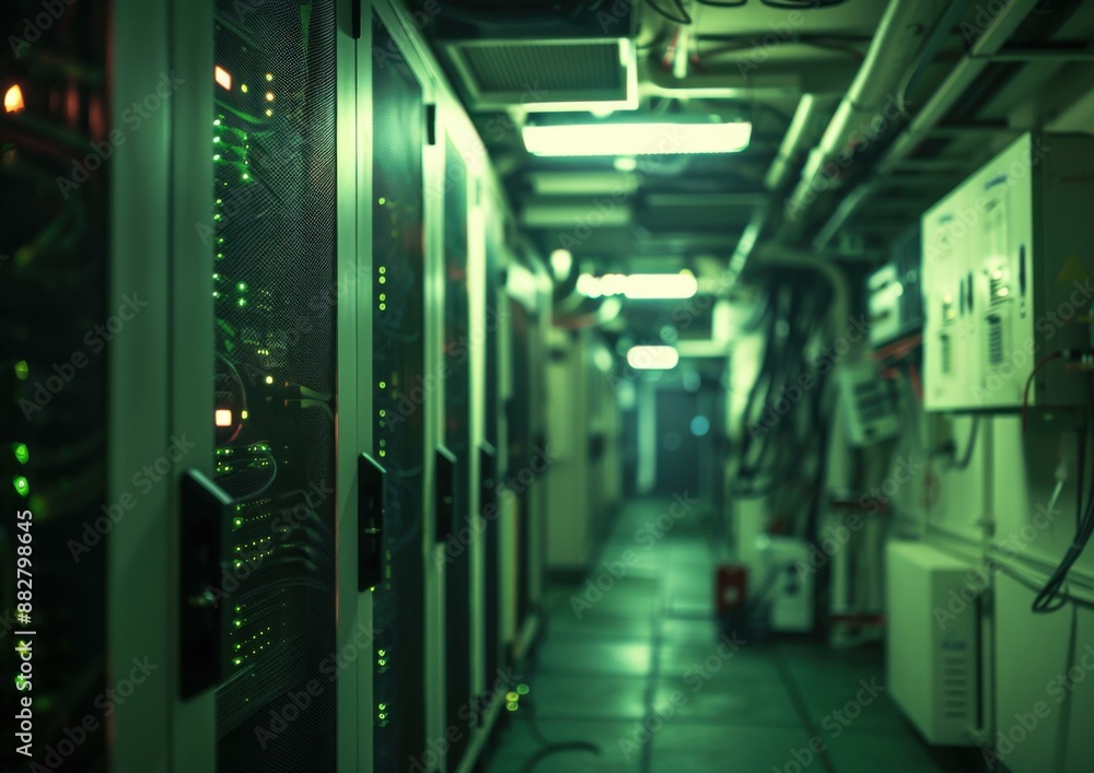 Poster rows of green server racks with blinking lights in a data center. ai.