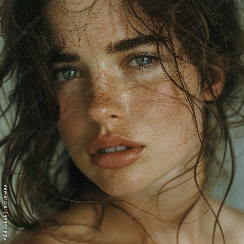 Canvas Prints Close-up portrait of a beautiful young woman with freckles. AI.