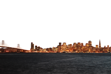 Silhouette of a city skyline at twilight, with illuminated buildings and a bridge, on a white background, capturing the concept of urban life