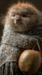 Obraz premium A cute animal wearing a scarf and glasses is holding a kiwi. AI.