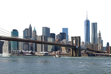 The Brooklyn Bridge spans the East River with the skyline of Lower Manhattan in the background,...