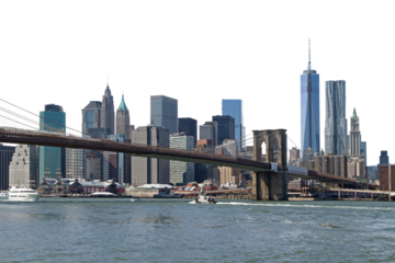 The Brooklyn Bridge spans the East River with the skyline of Lower Manhattan in the background, featuring iconic skyscrapers