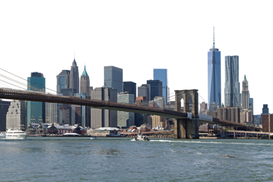 The Brooklyn Bridge spans the East River with the skyline of Lower Manhattan in the background, featuring iconic skyscrapers