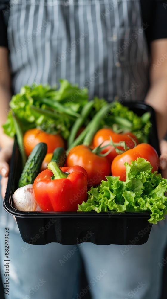Poster online grocery order with copy space, featuring food items for home delivery, emphasizing depth of f
