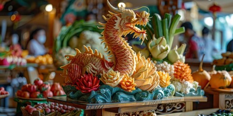 Obraz premium A beautifully carved dragon made of fruits and vegetables. AI.