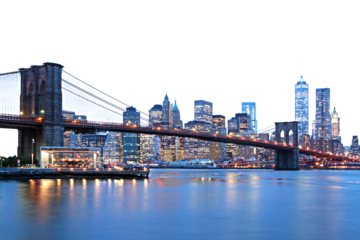 Brooklyn Bridge and Manhattan skyline during twilight, city lights reflecting on water, concept of urban landscapes