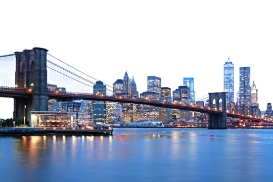 Brooklyn Bridge and Manhattan skyline during twilight, city lights reflecting on water, concept of urban landscapes