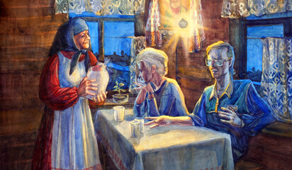 Obraz premium Watercolor painting. Grandmother treats guests with milk
