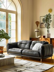 A black leather sofa in a living room.