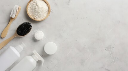 A wooden bristle brush sits on a gray concrete surface, alongside two black bottles and a small container of white cream. A black cloth is also visible