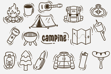 set of doodles camping good for background, wallpaper, set icon, coloring book