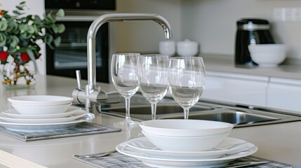 Clean white plates and glasses are set on a white kitchen counter. A wooden cutting board holds the plates. A stainless steel faucet is visible in the background.