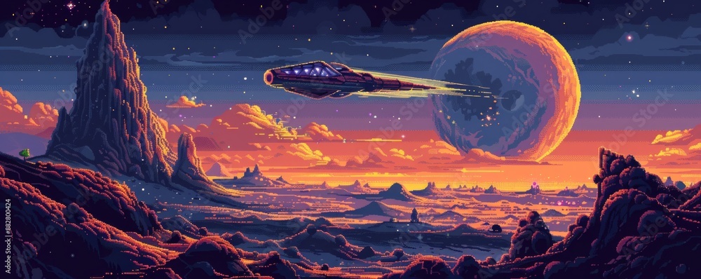 Poster a pixel art illustration of a spaceship exploring a distant planet.