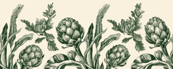 Detailed illustration of artichokes on a beige background