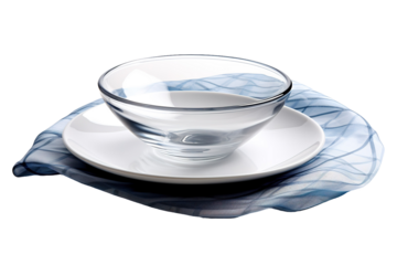 Ethereal Elegance: Glass Cup and Saucer Resting on Plate on White or PNG Transparent Background.