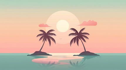 Fototapeta premium Palm trees tropical sunset landscape. Tranquil beach scene featuring palm trees, a bright sunset, and tranquil waters.