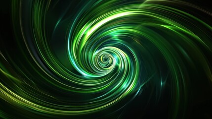 Glowing green spiral of light and energy on dark background
