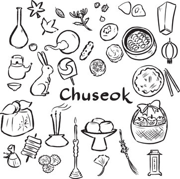 Chuseok hand drawn elements. Korean traditional food, activities and objects: Teok, moon cake, fruit basket, tea, lantern vector drawings. Asia holiday illustration. 