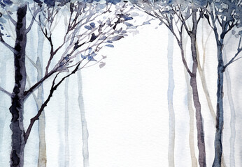 Trees in the winter forest. Watercolor landscape