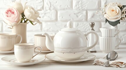 A white teacup and teapot sit on a wooden table, surrounded by silverware and a napkin.
